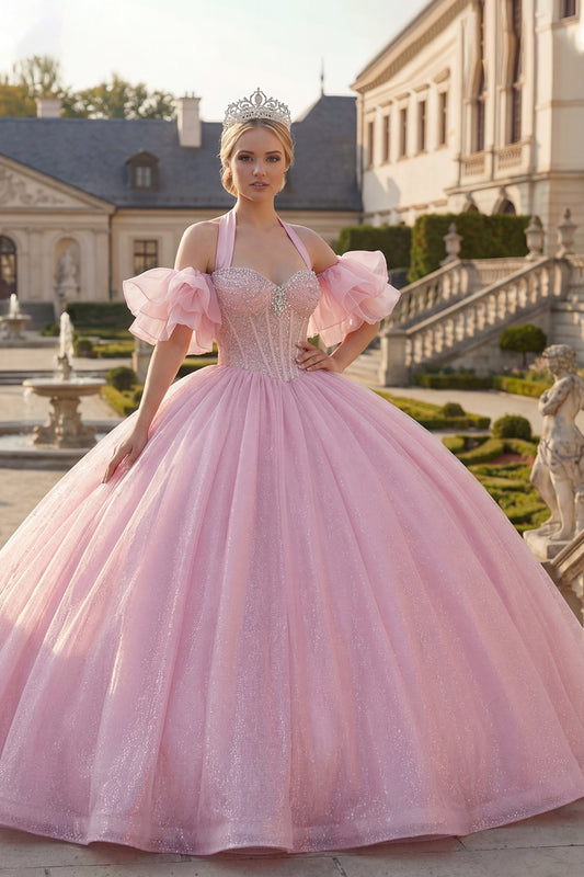 Corset Halter Pink Beaded Long Princess Glitter Quinceanera Dress with Ruffles