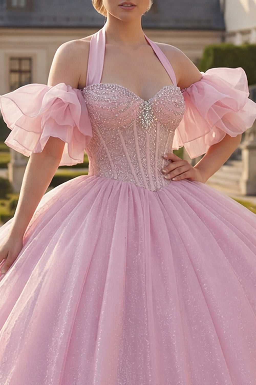 Corset Halter Pink Beaded Long Princess Glitter Quinceanera Dress with Ruffles