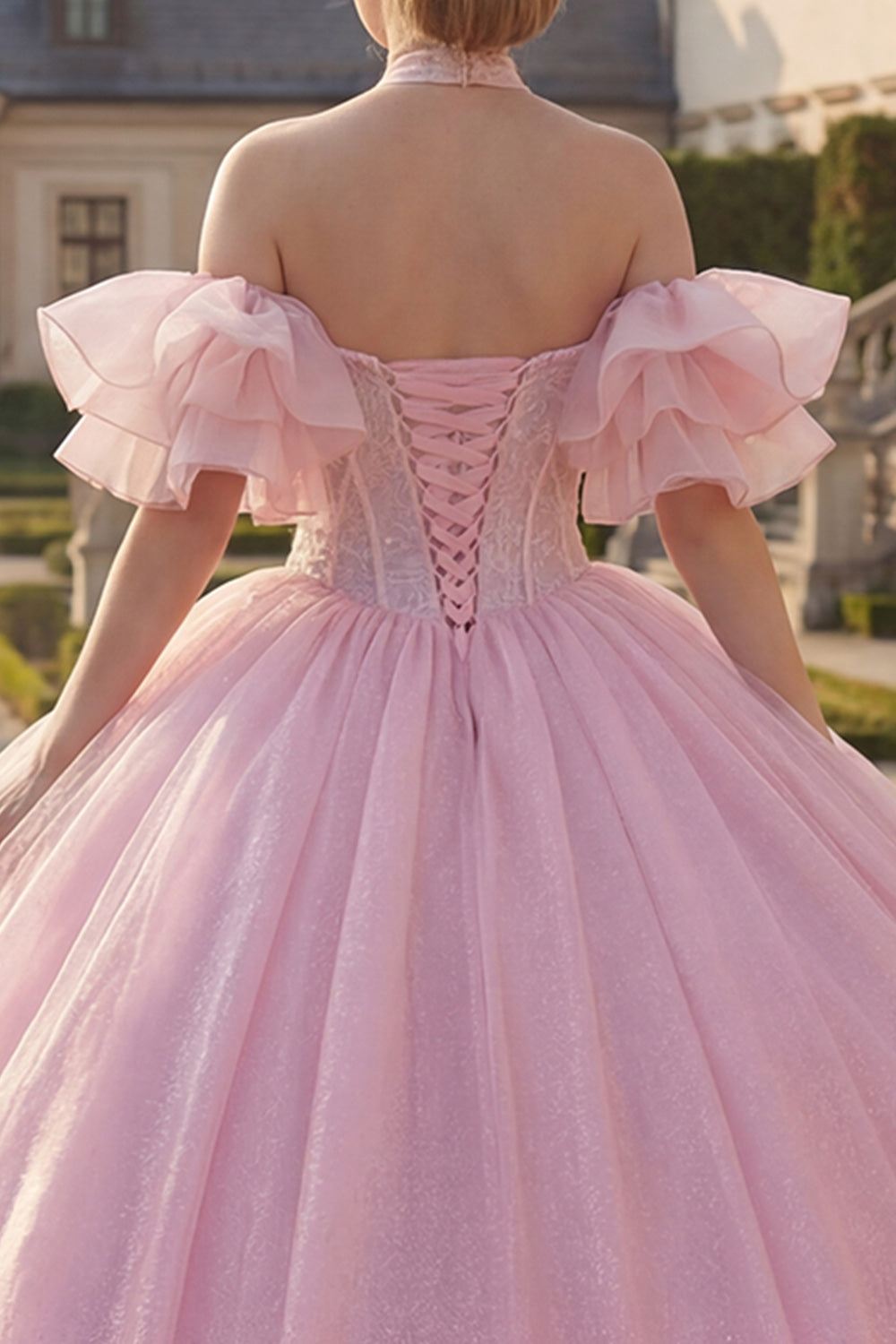 Corset Halter Pink Beaded Long Princess Glitter Quinceanera Dress with Ruffles