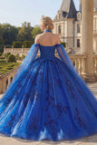 Sparkly Royal Blue Beaded Princess Long Floral Quinceanera Dress with Cape