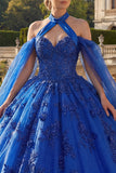 Sparkly Royal Blue Beaded Princess Long Floral Quinceanera Dress with Cape