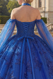 Sparkly Royal Blue Beaded Princess Long Floral Quinceanera Dress with Cape