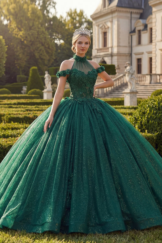 Dark Green High Neck Princess Glitter Long Floral Quinceanera Dress