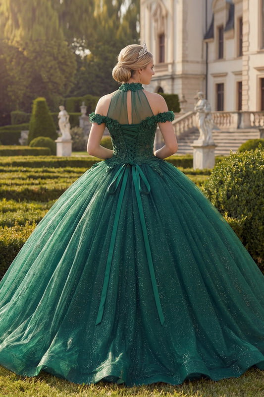 Dark Green High Neck Princess Glitter Long Floral Quinceanera Dress