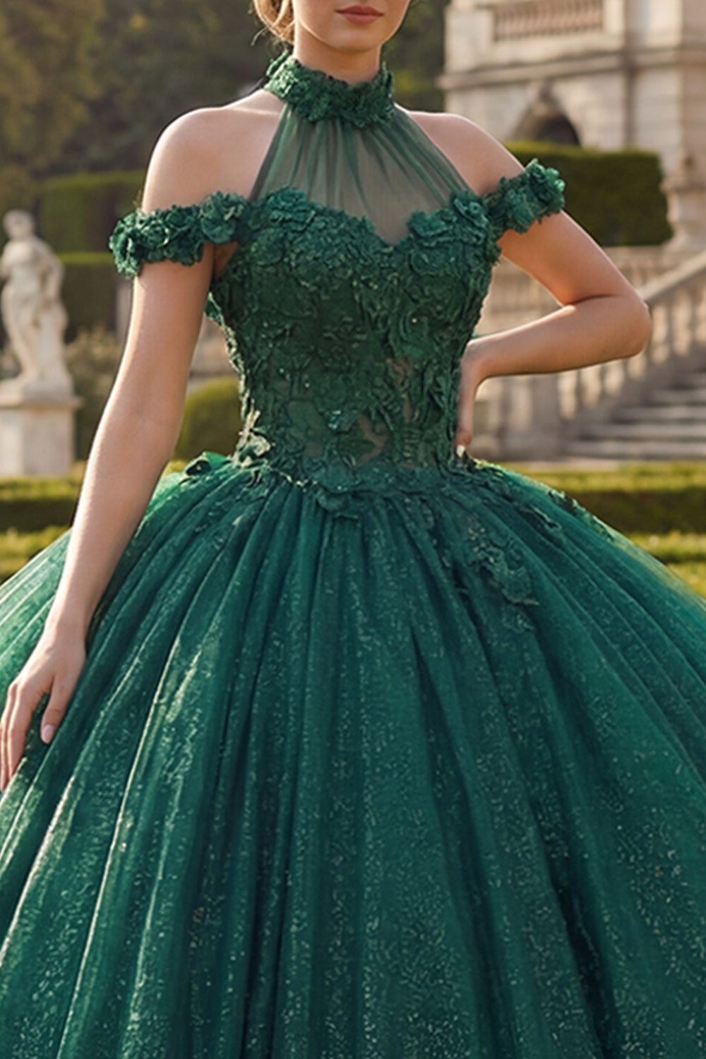 Dark Green High Neck Princess Glitter Long Floral Quinceanera Dress