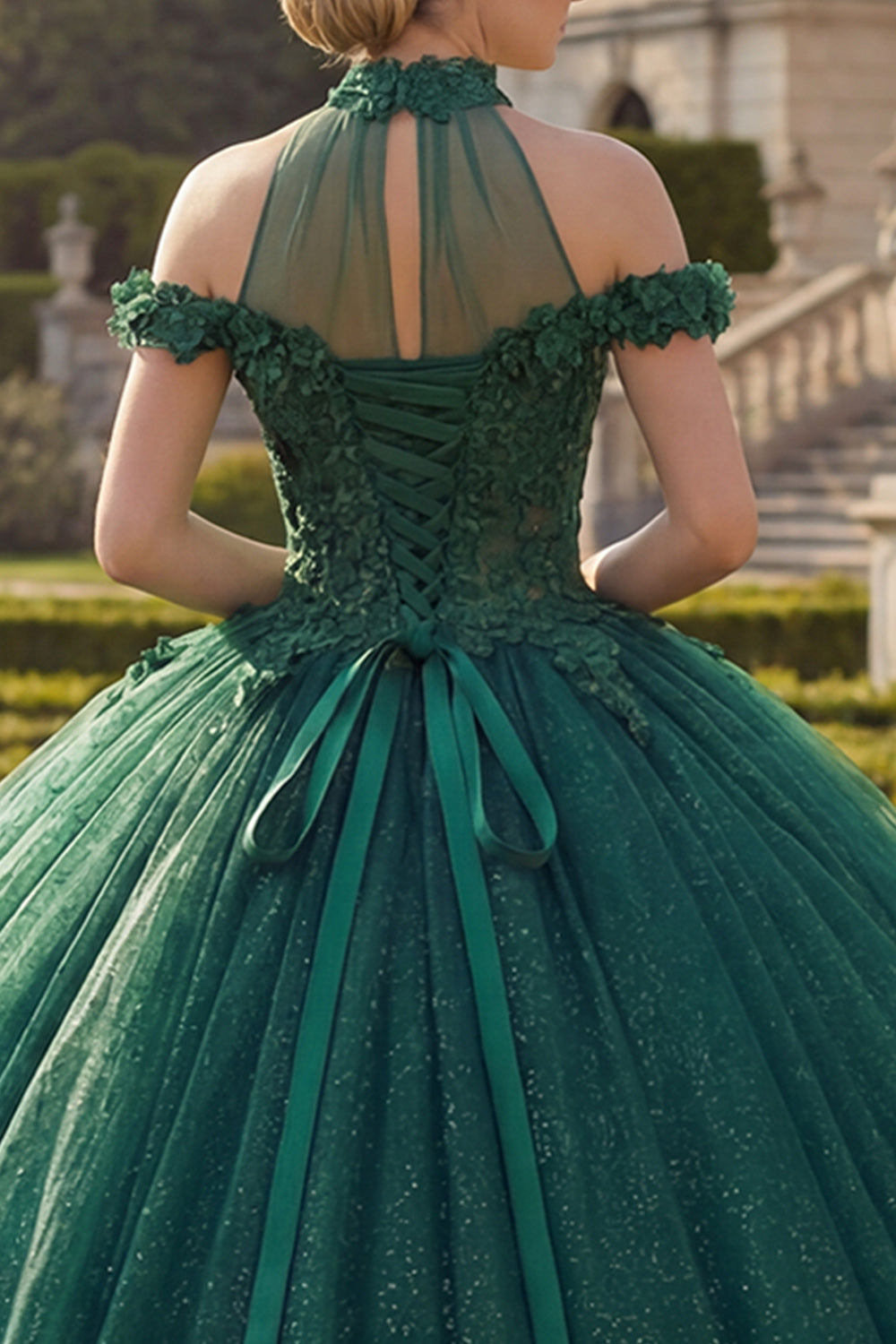 Dark Green High Neck Princess Glitter Long Floral Quinceanera Dress