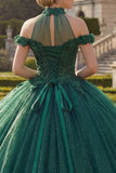 Dark Green High Neck Princess Glitter Long Floral Quinceanera Dress