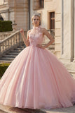 Blush High Neck Floral Ruched Long Princess Quinceanera Dress