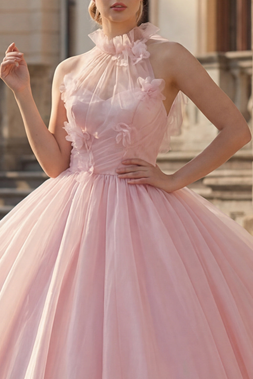Blush High Neck Floral Ruched Long Princess Quinceanera Dress