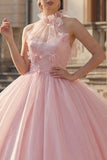Blush High Neck Floral Ruched Long Princess Quinceanera Dress