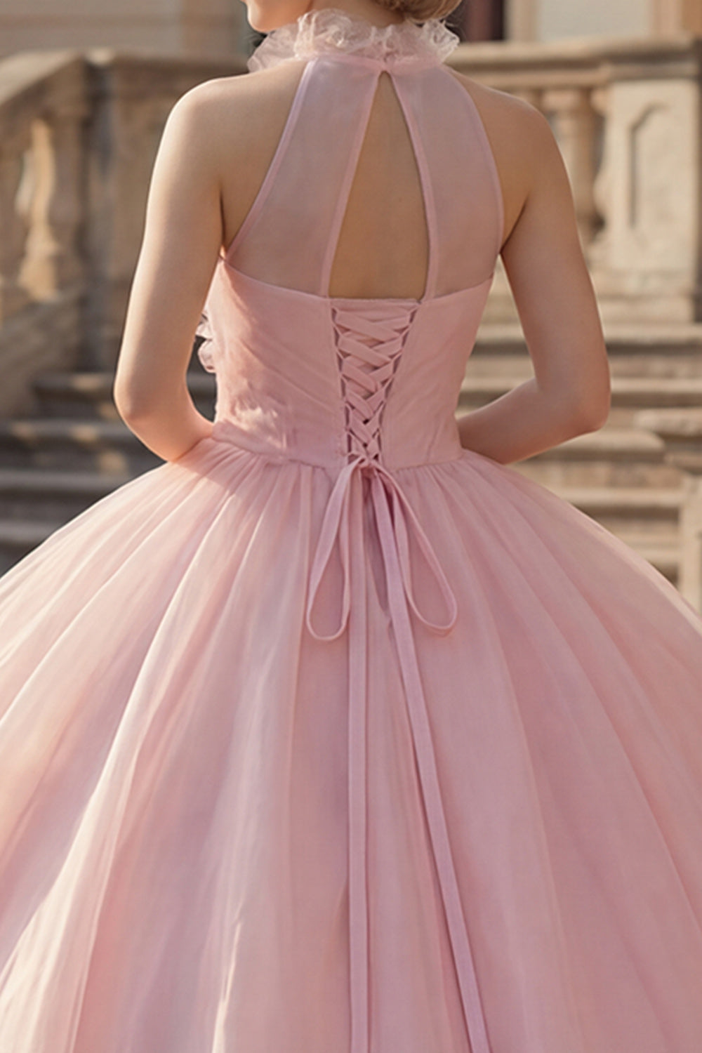 Blush High Neck Floral Ruched Long Princess Quinceanera Dress