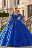 Beaded Princess Glitter Royal Blue Long Floral Quinceanera Dress with Bow