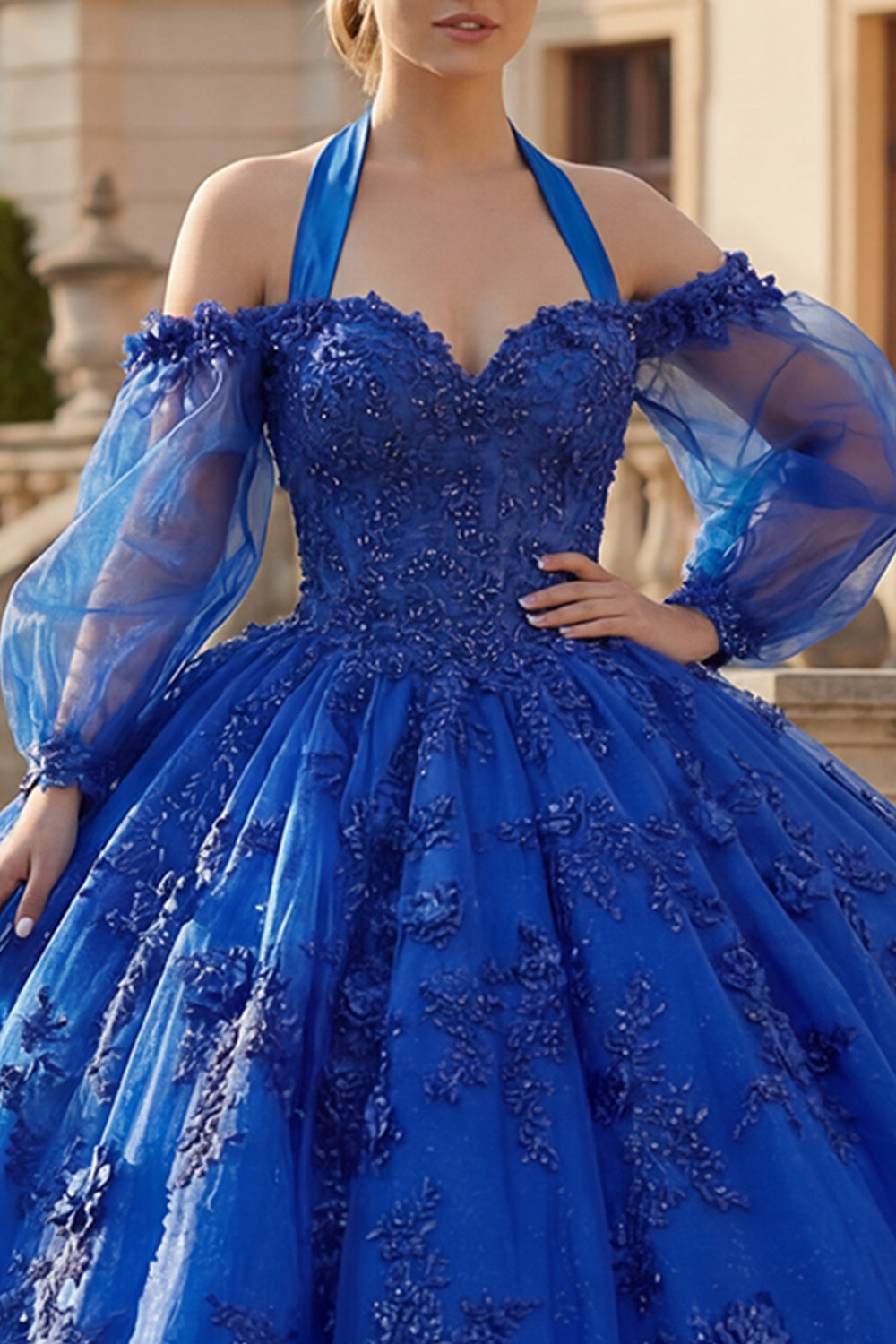 Beaded Princess Glitter Royal Blue Long Floral Quinceanera Dress with Bow