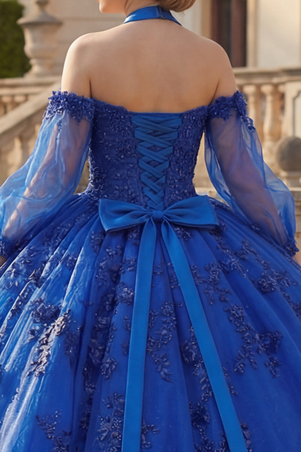 Beaded Princess Glitter Royal Blue Long Floral Quinceanera Dress with Bow