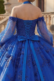 Beaded Princess Glitter Royal Blue Long Floral Quinceanera Dress with Bow