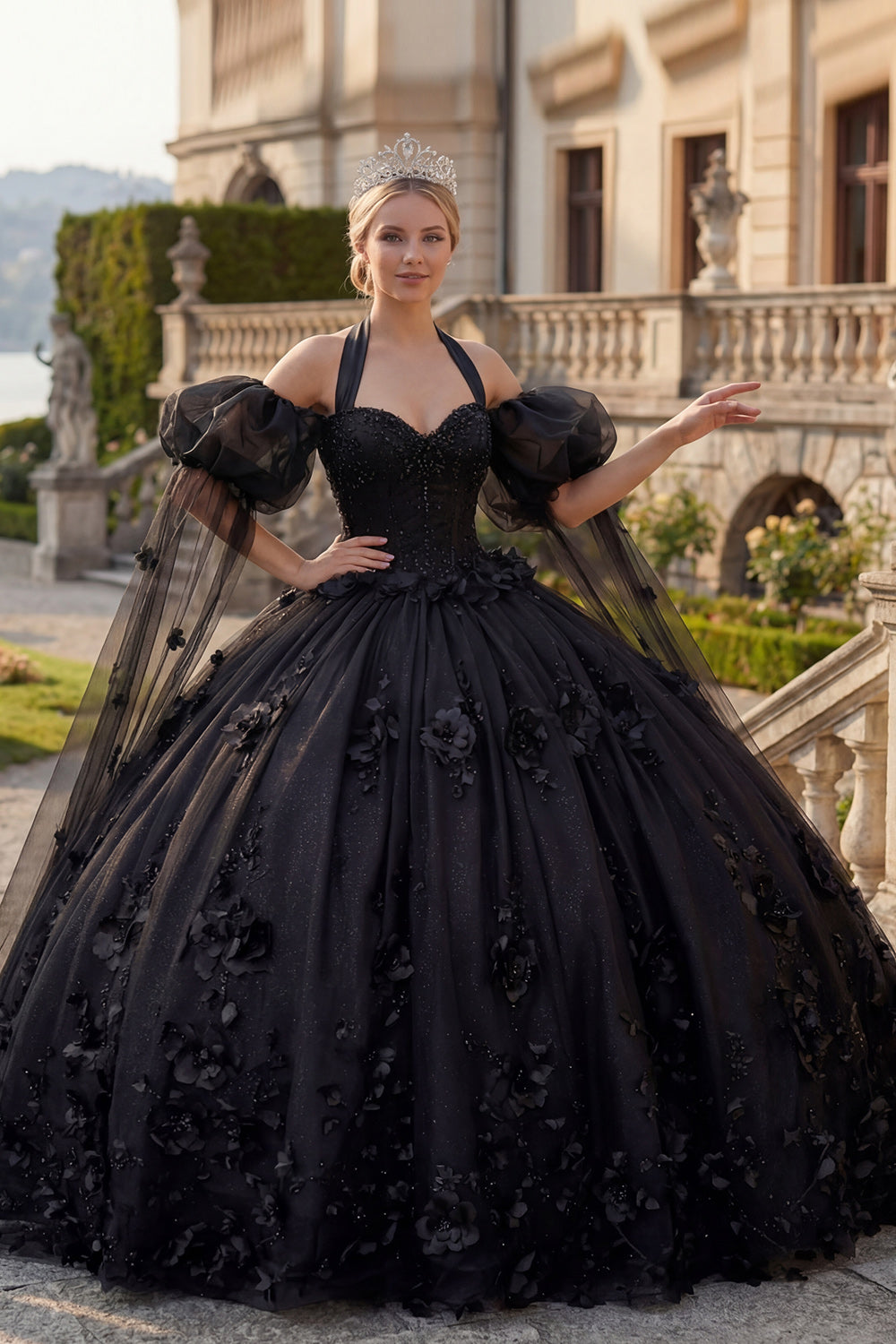 Beaded Princess Glitter Black Long Floral Quinceanera Dress with Cape