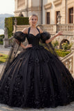 Beaded Princess Glitter Black Long Floral Quinceanera Dress with Cape