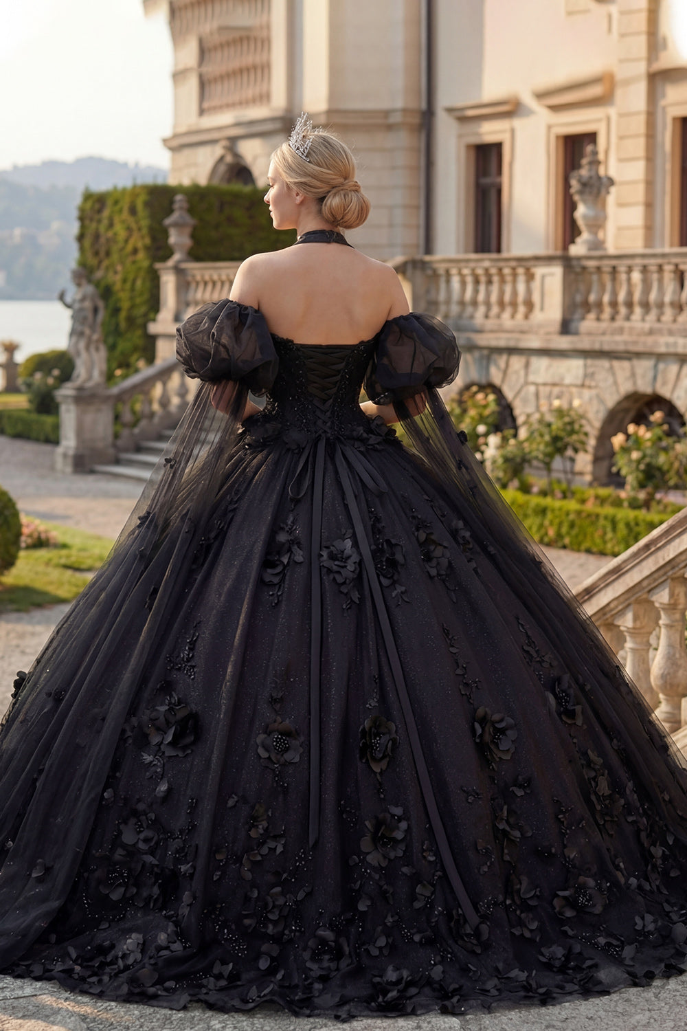 Beaded Princess Glitter Black Long Floral Quinceanera Dress with Cape