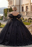 Beaded Princess Glitter Black Long Floral Quinceanera Dress with Cape