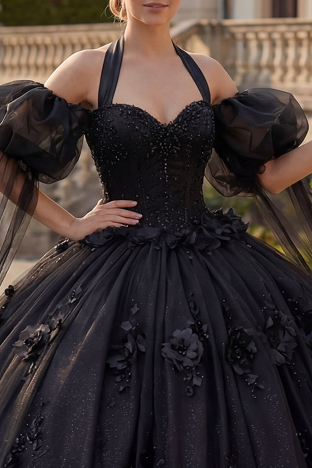 Beaded Princess Glitter Black Long Floral Quinceanera Dress with Cape