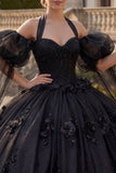 Beaded Princess Glitter Black Long Floral Quinceanera Dress with Cape