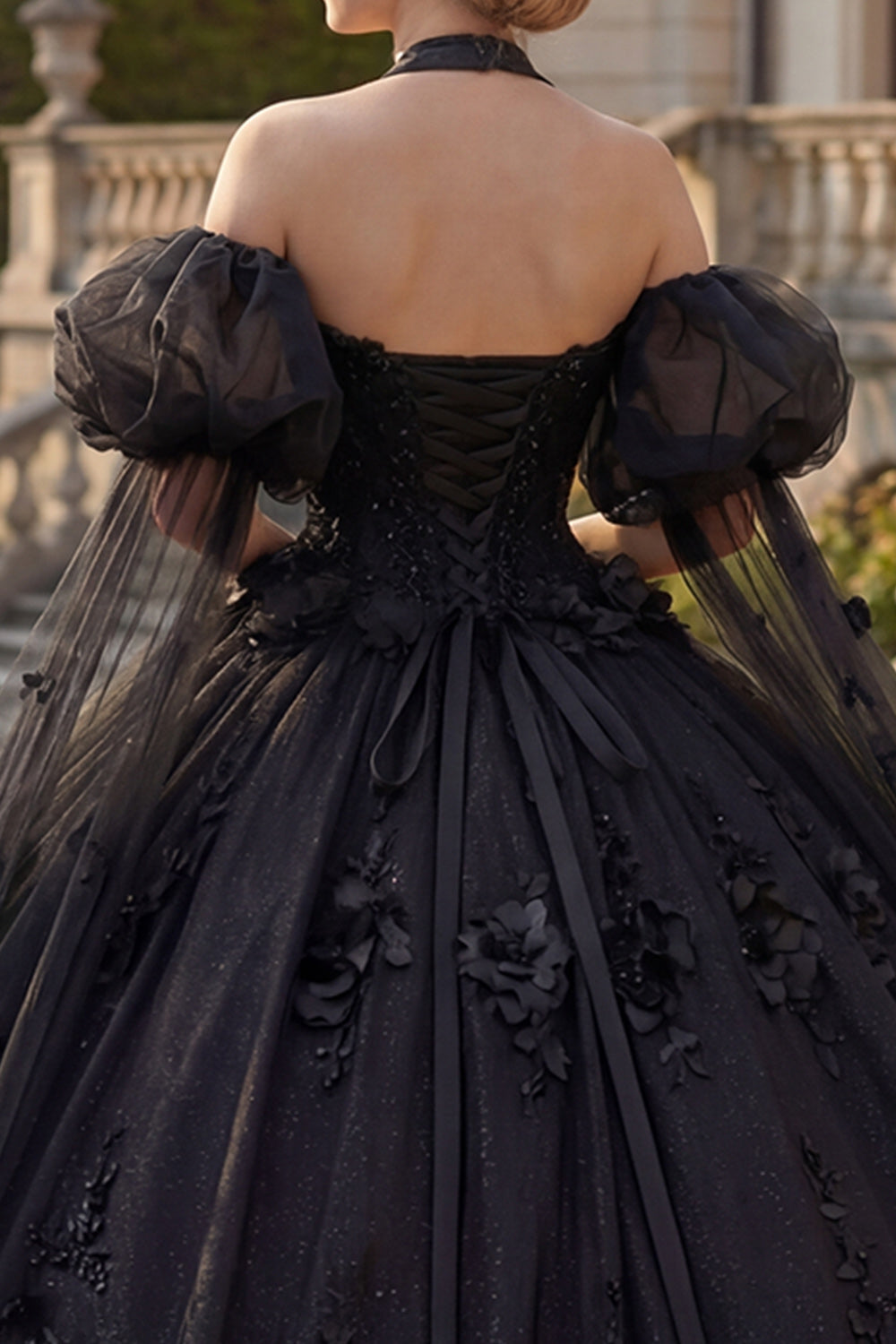 Beaded Princess Glitter Black Long Floral Quinceanera Dress with Cape