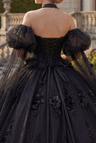 Beaded Princess Glitter Black Long Floral Quinceanera Dress with Cape
