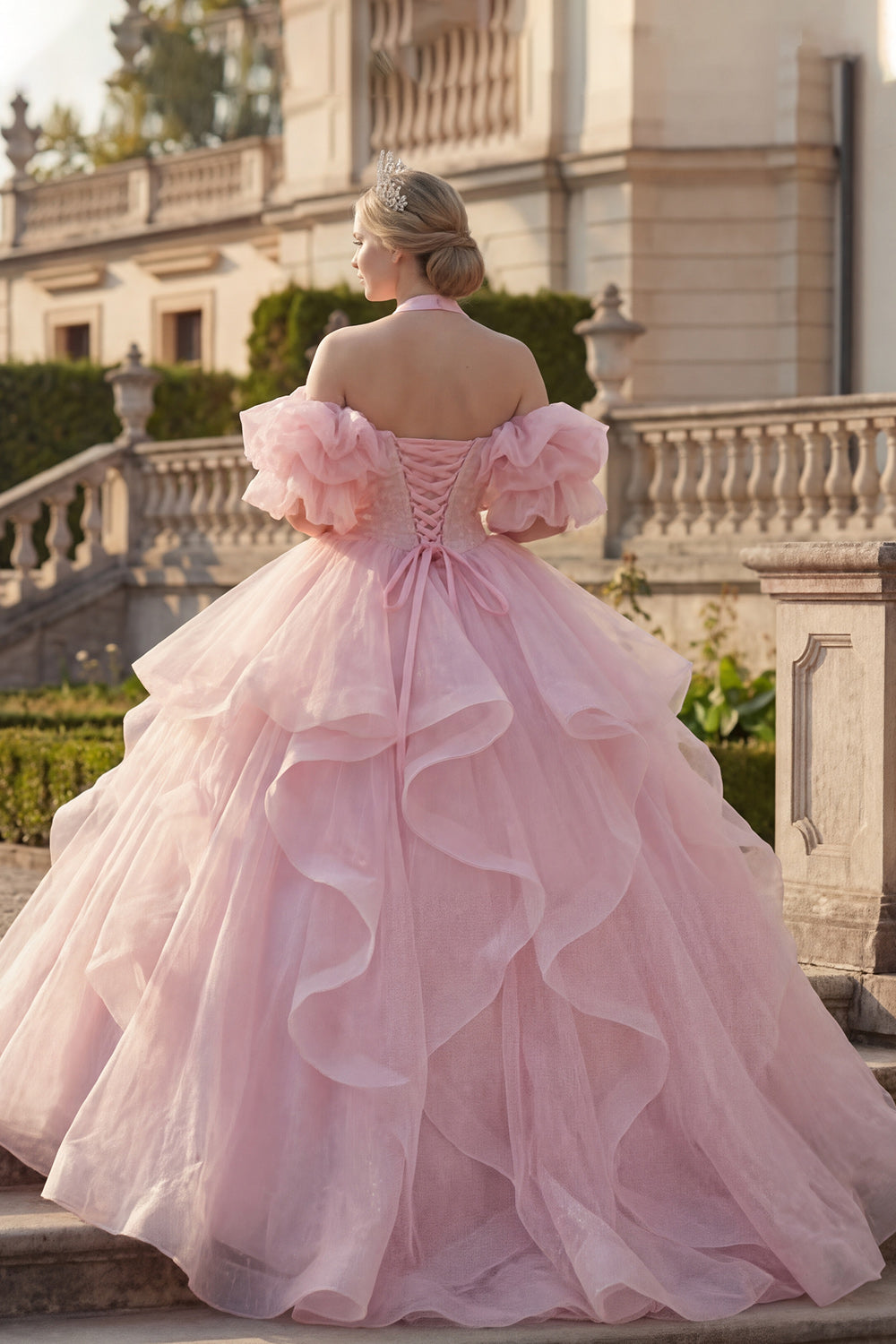 Princess Glitter Blush Long Halter Quinceanera Dress with Ruffles
