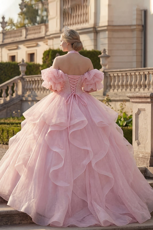 Princess Glitter Blush Long Halter Quinceanera Dress with Ruffles