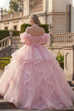 Princess Glitter Blush Long Halter Quinceanera Dress with Ruffles