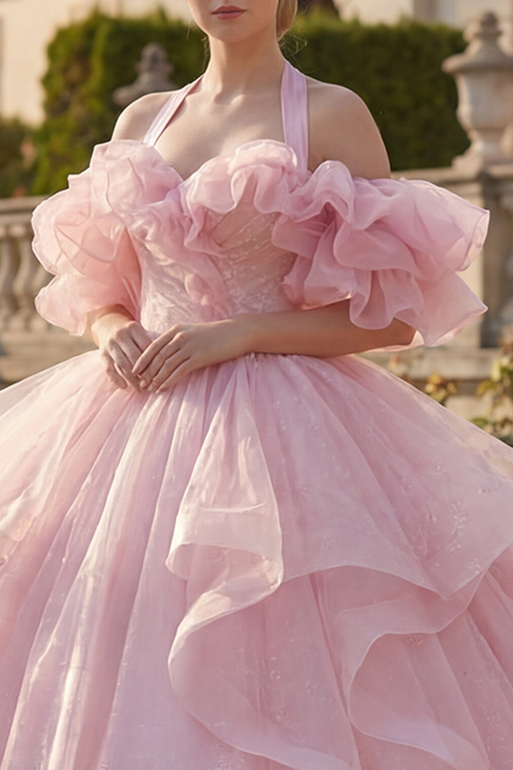Princess Glitter Blush Long Halter Quinceanera Dress with Ruffles