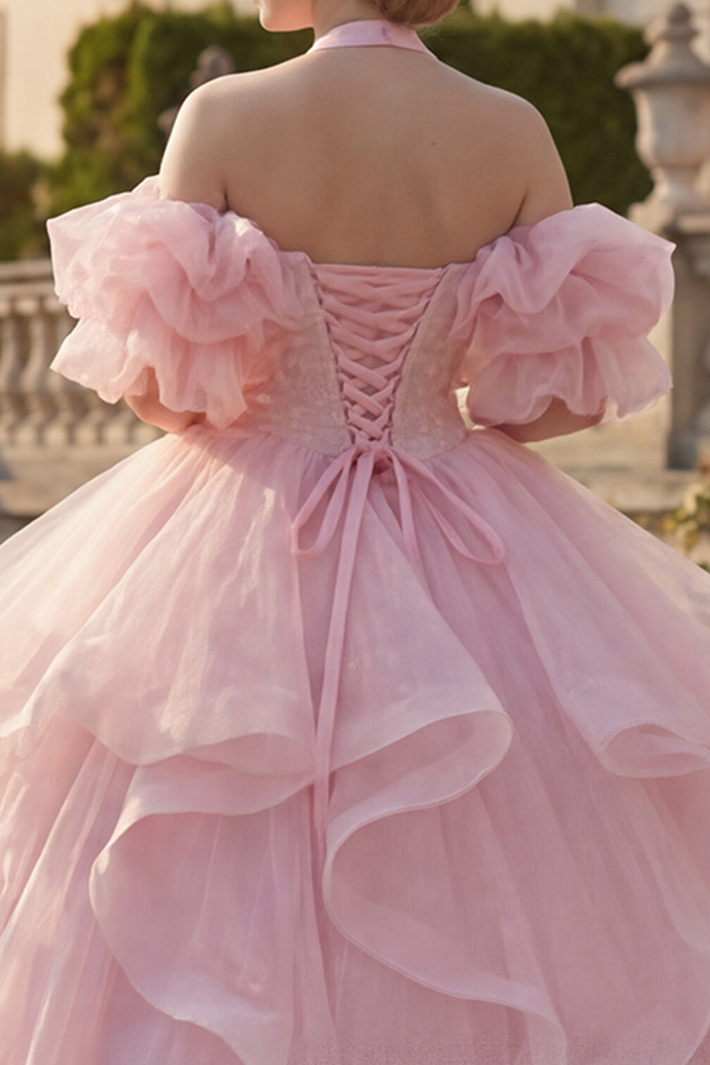 Princess Glitter Blush Long Halter Quinceanera Dress with Ruffles