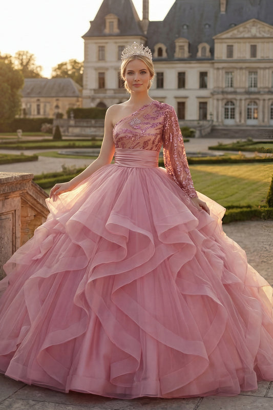 Princess Sequin Sparkly Pink Long Quinceanera Dress with Ruffles
