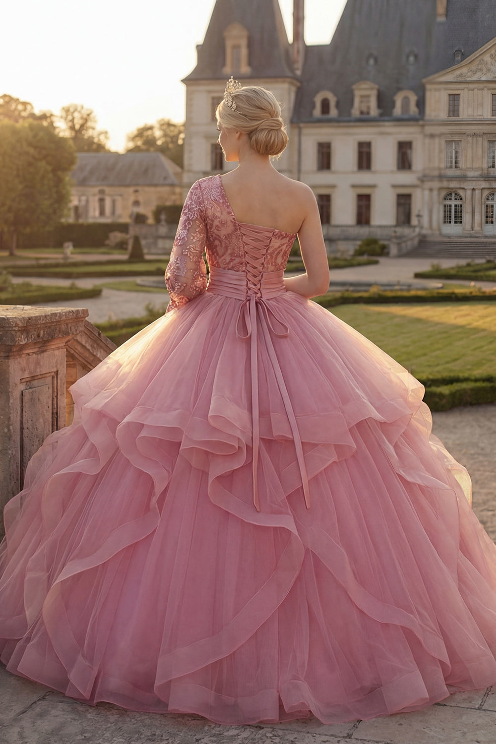 Princess Sequin Sparkly Pink Long Quinceanera Dress with Ruffles
