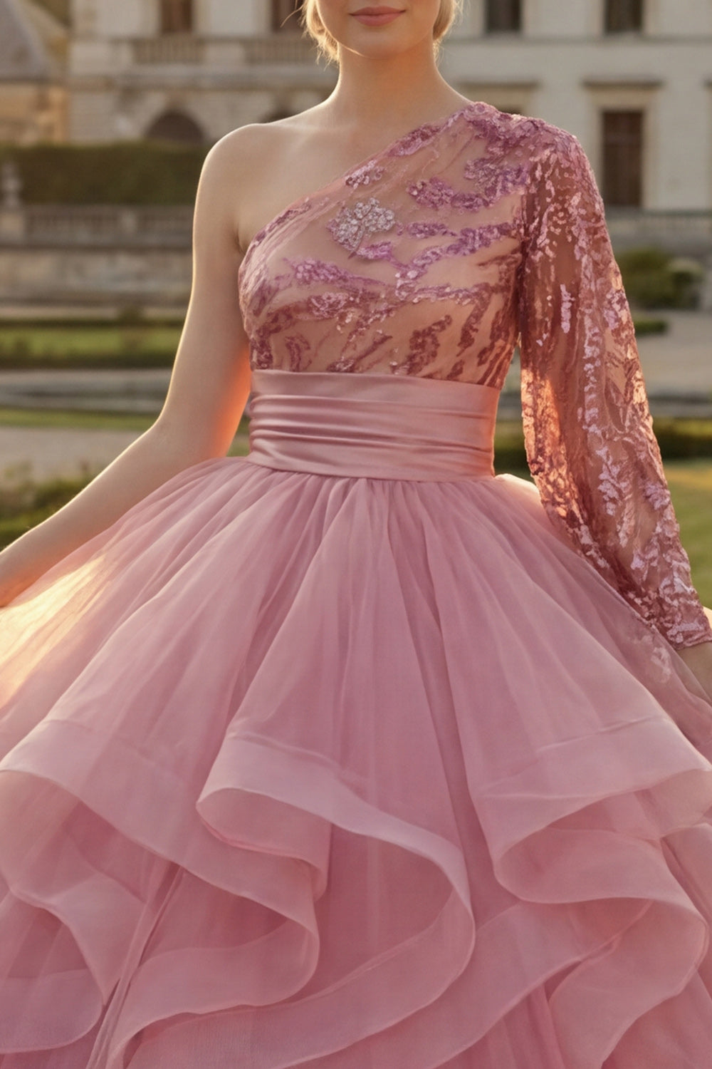 Princess Sequin Sparkly Pink Long Quinceanera Dress with Ruffles