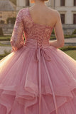 Princess Sequin Sparkly Pink Long Quinceanera Dress with Ruffles