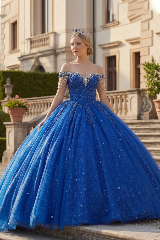 Sparkly Royal Blue Beaded Princess Long Quinceanera Dress with Fringes