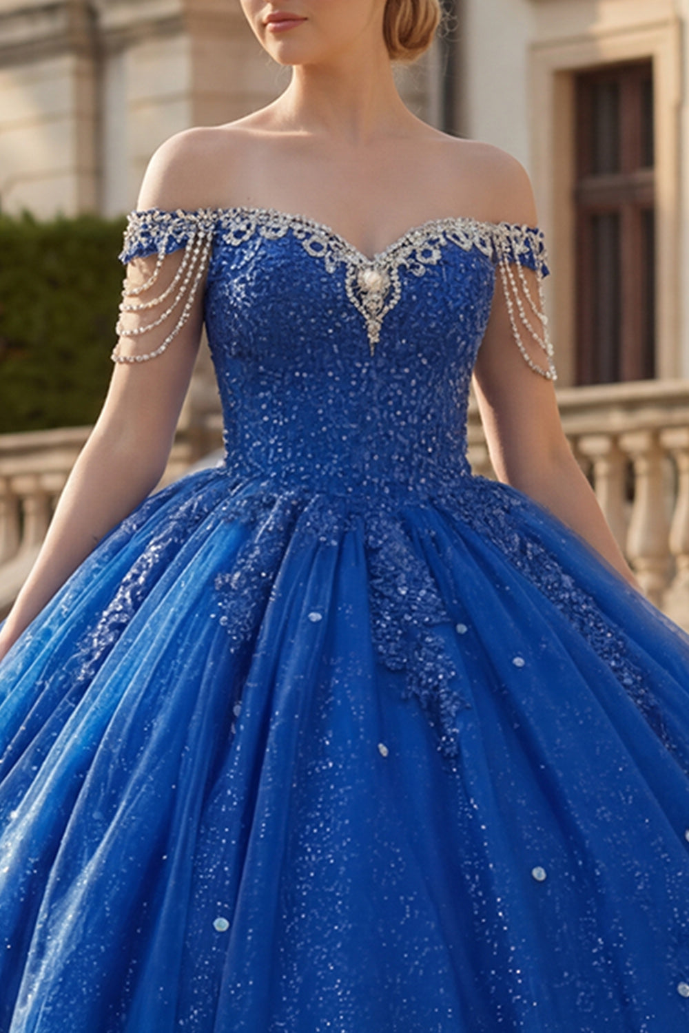 Sparkly Royal Blue Beaded Princess Long Quinceanera Dress with Fringes