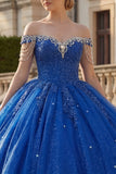Sparkly Royal Blue Beaded Princess Long Quinceanera Dress with Fringes