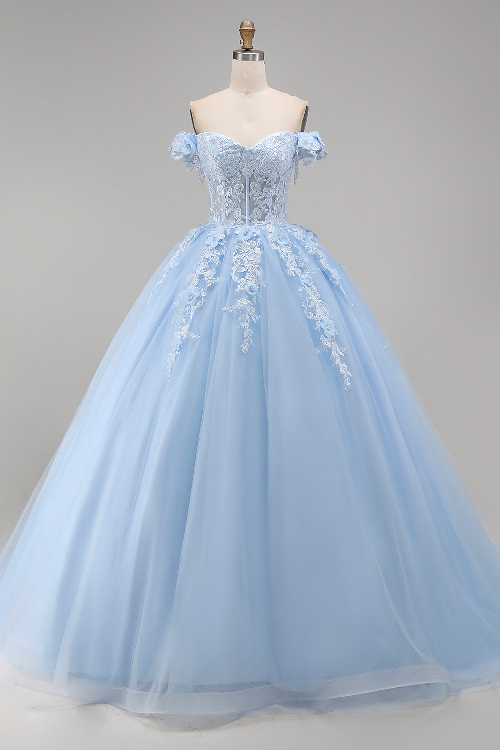 Floral Long Corset Light Blue Princess Quinceanera Dress with Pearls