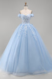 Floral Long Corset Light Blue Princess Quinceanera Dress with Pearls