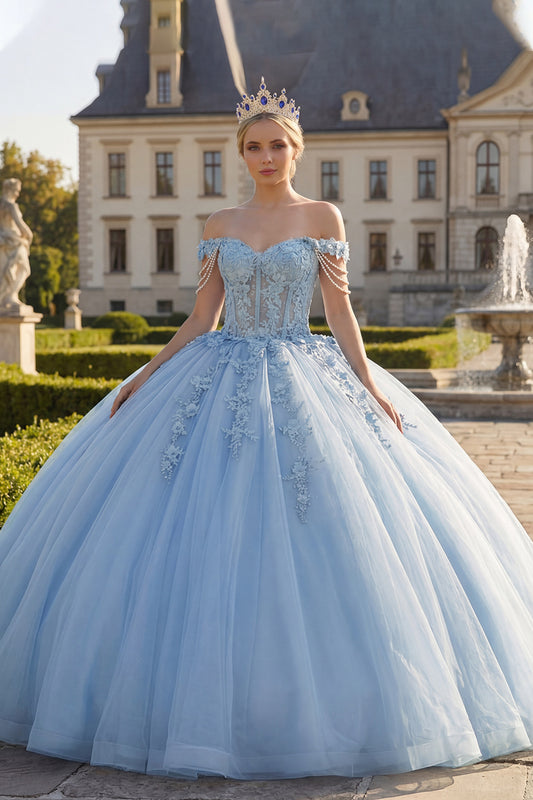 Floral Long Corset Light Blue Princess Quinceanera Dress with Pearls