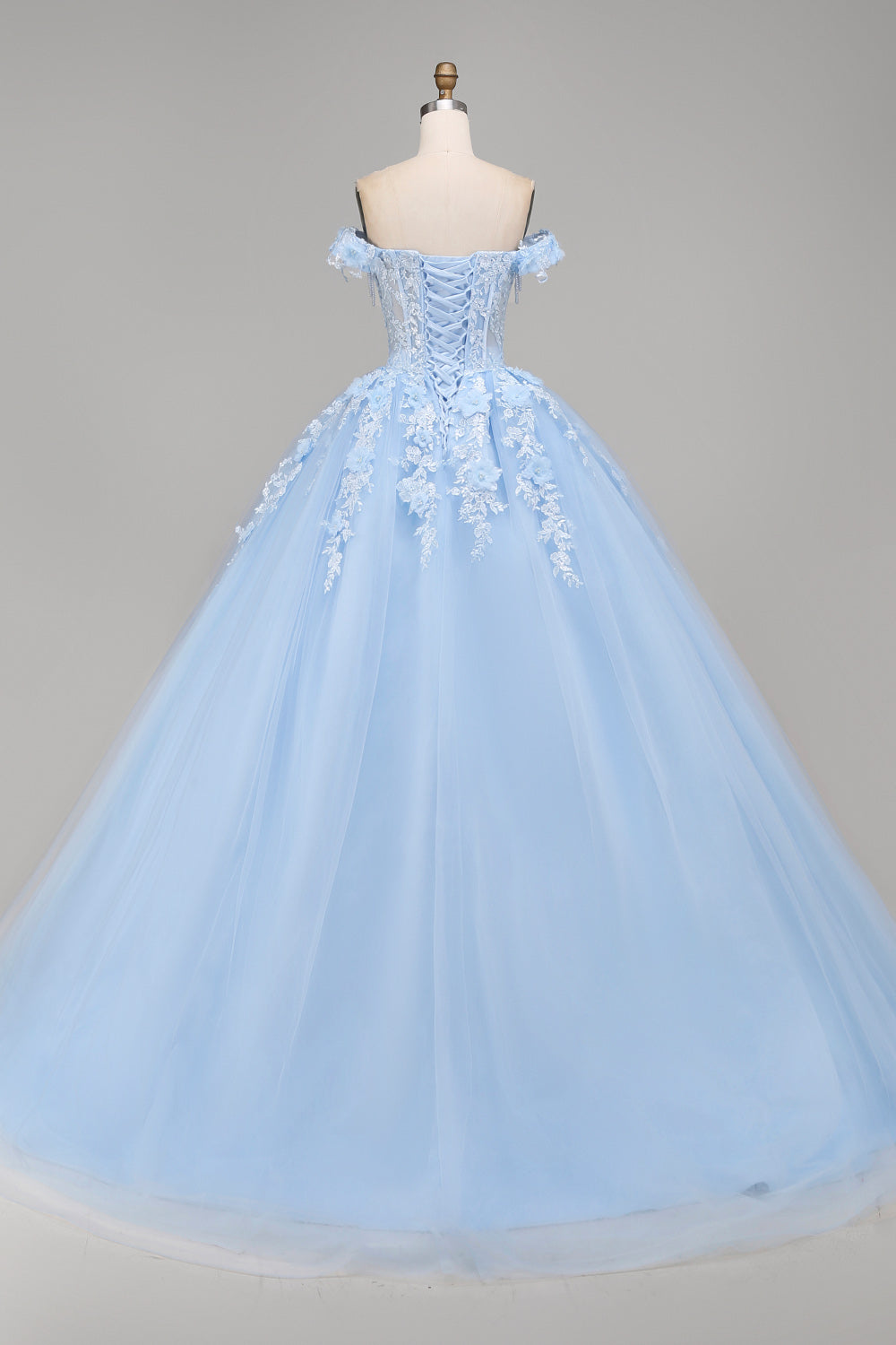 Floral Long Corset Light Blue Princess Quinceanera Dress with Pearls