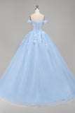 Floral Long Corset Light Blue Princess Quinceanera Dress with Pearls