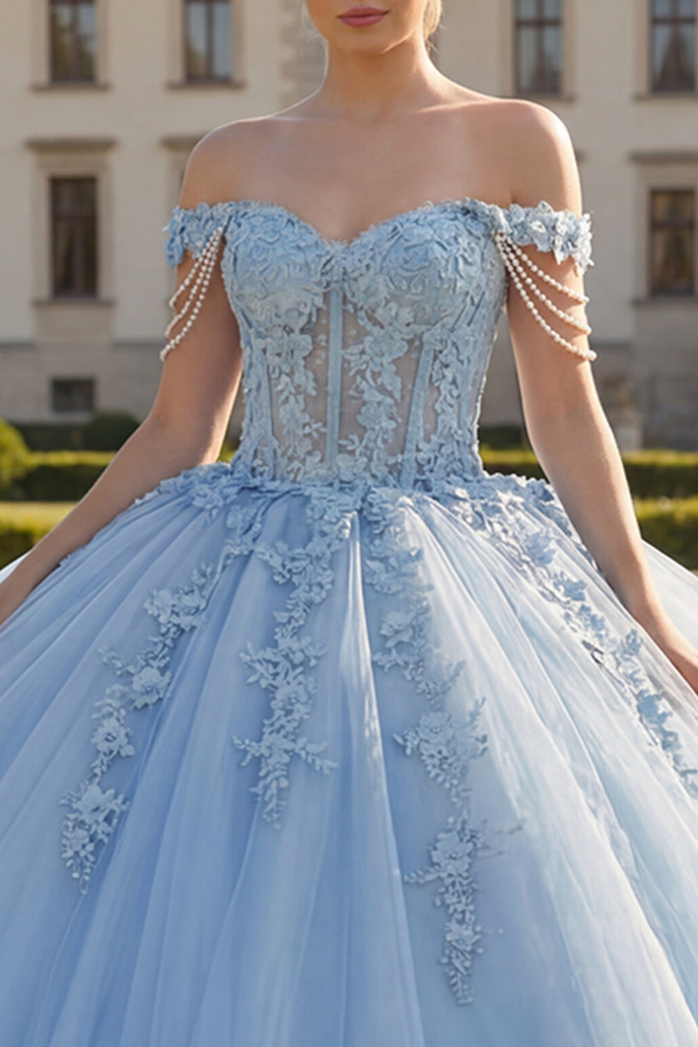 Floral Long Corset Light Blue Princess Quinceanera Dress with Pearls