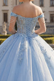Floral Long Corset Light Blue Princess Quinceanera Dress with Pearls