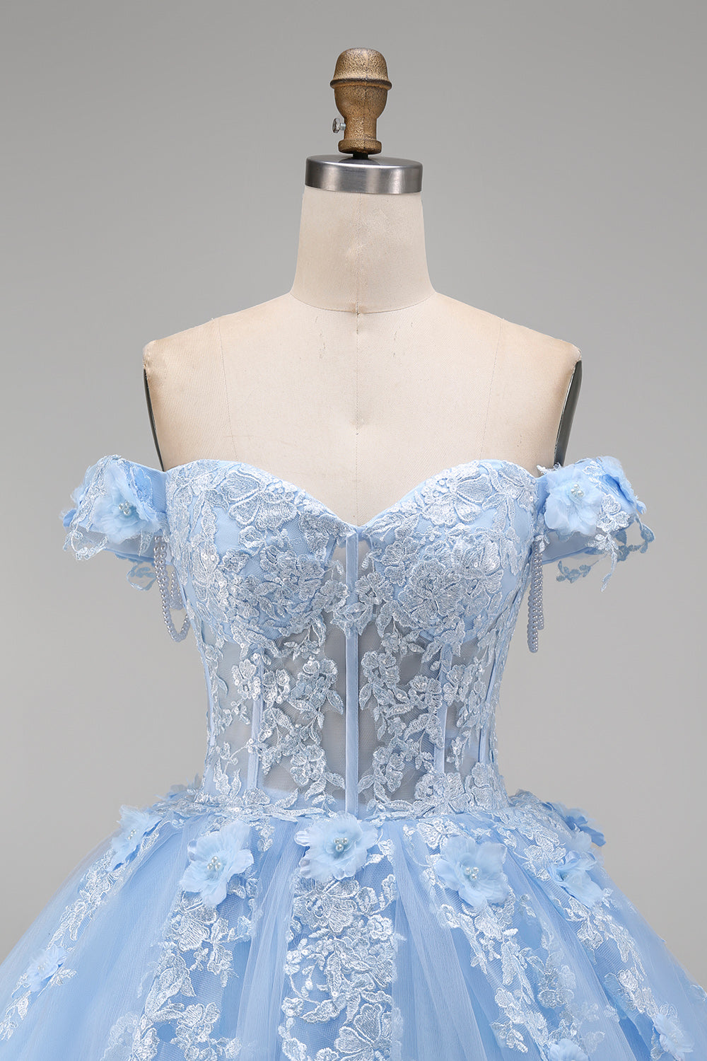 Floral Long Corset Light Blue Princess Quinceanera Dress with Pearls