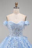 Floral Long Corset Light Blue Princess Quinceanera Dress with Pearls