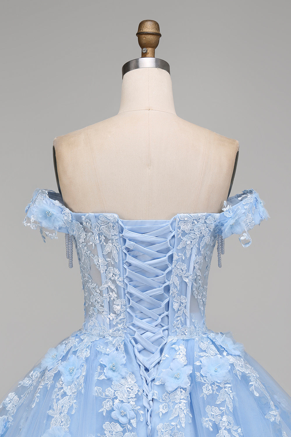 Floral Long Corset Light Blue Princess Quinceanera Dress with Pearls