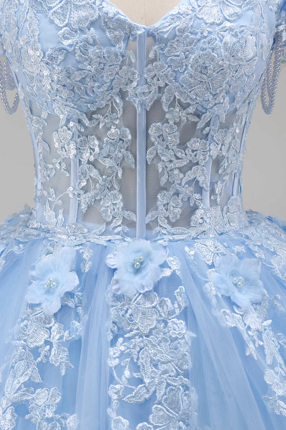 Floral Long Corset Light Blue Princess Quinceanera Dress with Pearls